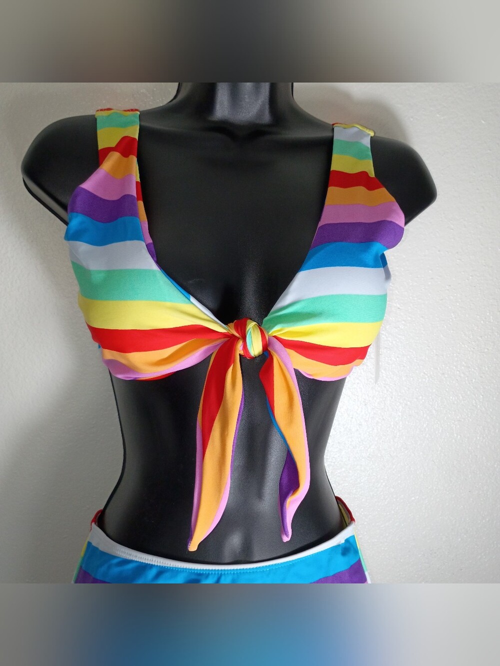 Bright Rainbow Striped Tie-Front High Waist Full Bikini Bottom Set- Size Small - Picture 2 of 11